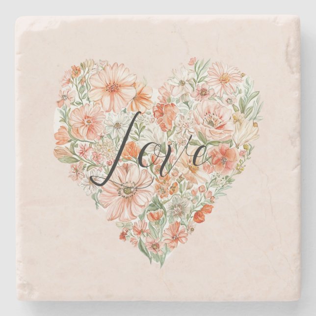 Pretty Peach Flowers Heart Steinuntersetzer (Vorderseite)