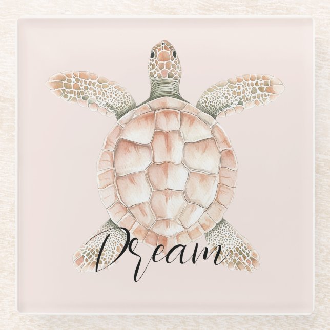 Pretty Peach Sea Turtle Dream Glasuntersetzer (Vorderseite)