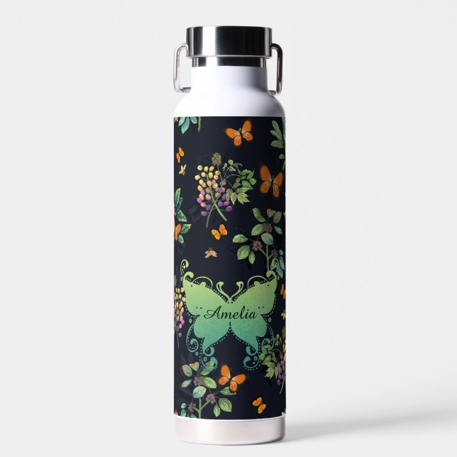 Pretty Personalised Dark Floral Butterfly Pattern Trinkflasche (Vorne)