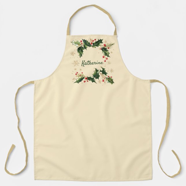 Pretty Personalized Holly & Snowflakes Xmas Apron Schürze (Vorderseite)