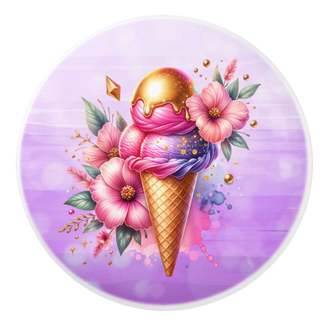 Pretty Pink and Gold Ice Cream Cone Birthday Keramikknauf (Vorderseite)