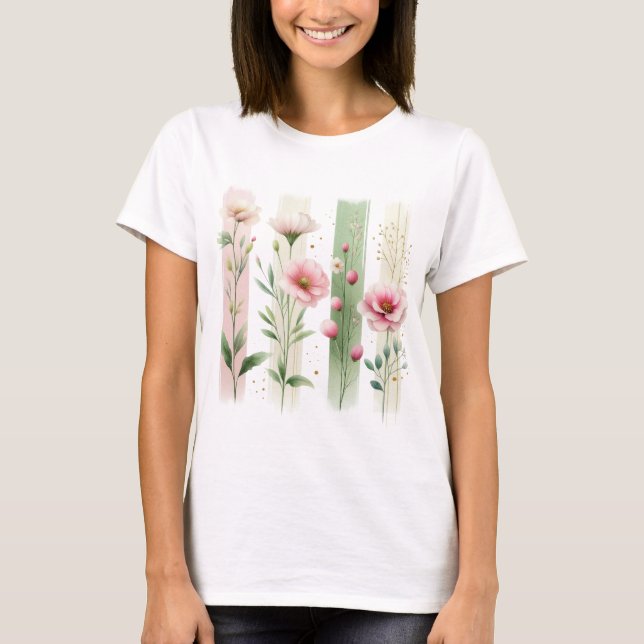 PRETTY PINK AND GREEN PASTEL WILDFLOWERS T-Shirt (Vorderseite)