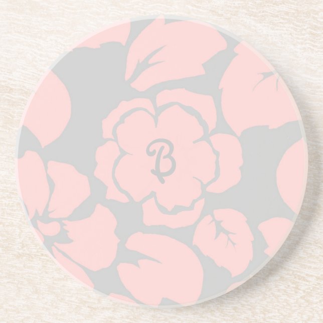 Pretty Pink and Grey Floral Monogram Getränkeuntersetzer (Vorne)