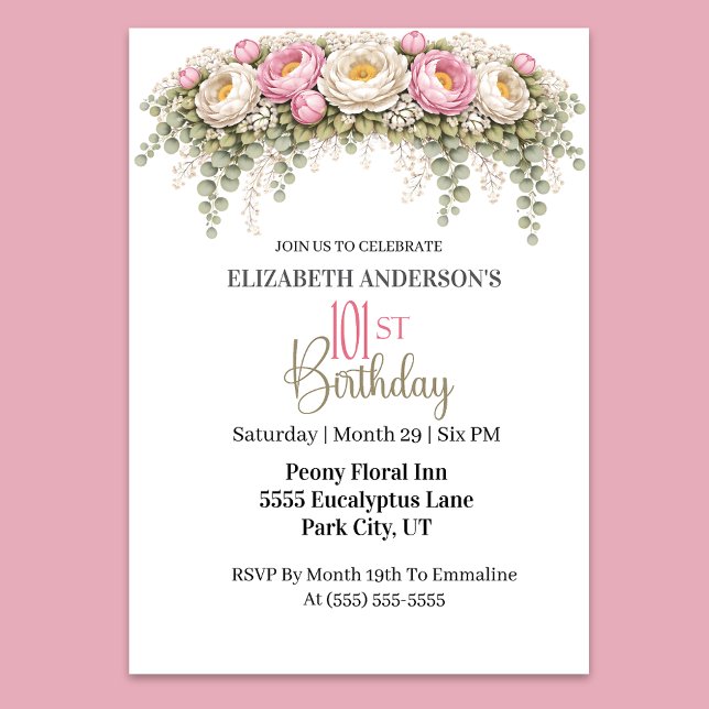 Pretty Pink and White Peony 101st Birthday Einladung (Elegant pink and white peony floral 101st birthday invitation)
