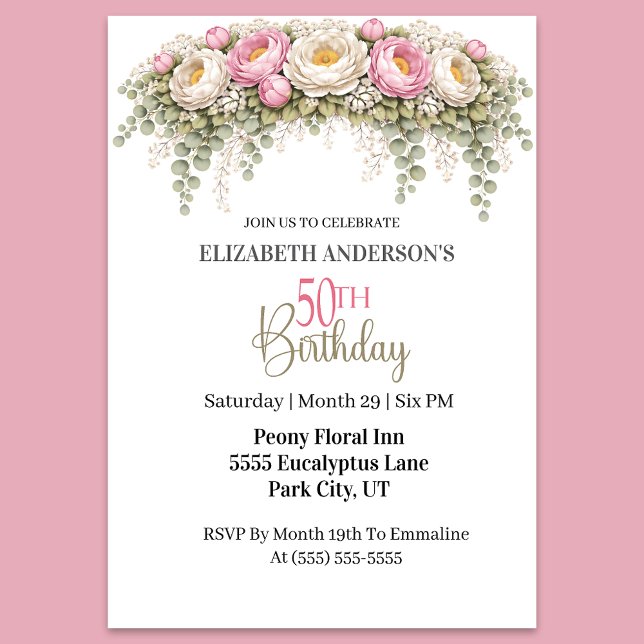 Pretty Pink and White Peony 50th Birthday Einladung (Elegant pink and ivory peony floral 50th birthday party invitation )