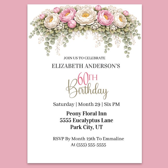Pretty Pink and White Peony 60th Birthday Einladung (Elegant pink peony and eucalyptus floral 60th birthday invitation)