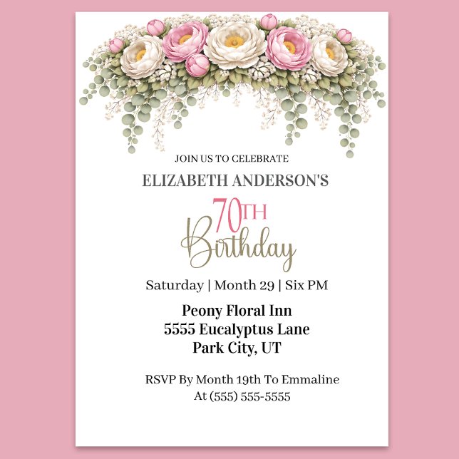 Pretty Pink and White Peony 70th Birthday Einladung (Elegant pink and white peony floral 70th birthday invitation)