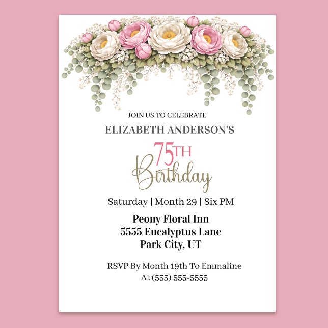Pretty Pink and White Peony 75th Birthday Einladung (Elegant pink and white peony floral 75th birthday invitation)