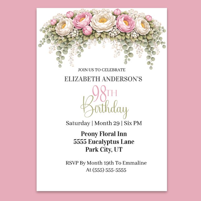 Pretty Pink and White Peony 98th Birthday Einladung (Elegant pink and white peony floral 98th birthday invitation)