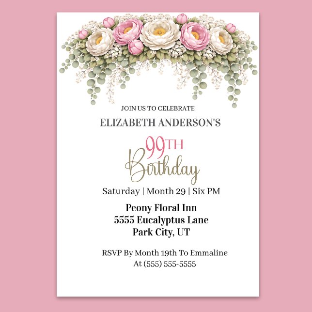 Pretty Pink and White Peony 99th Birthday Einladung (Elegant pink and white peony floral 99th birthday invitation)