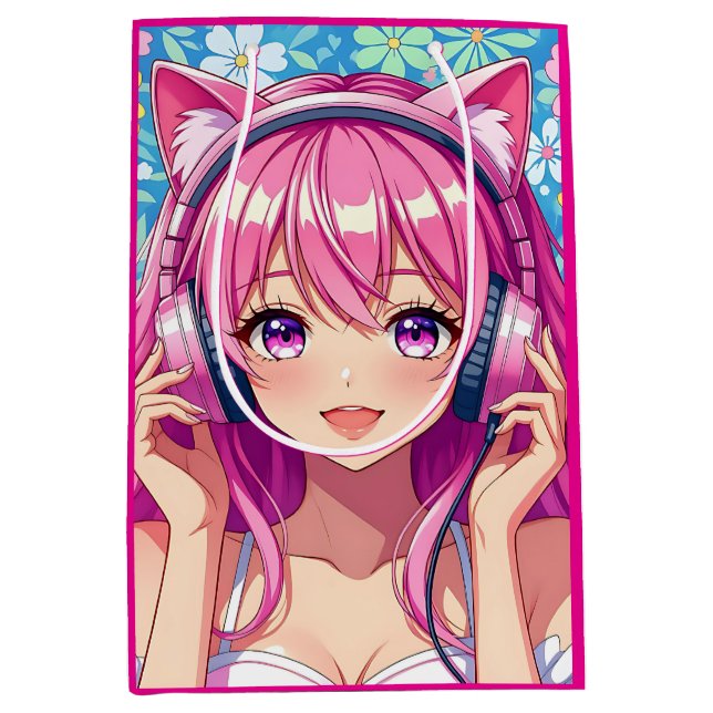 Pretty Pink Anime Girl's Birthday Party Mittlere Geschenktüte (Vorderseite)
