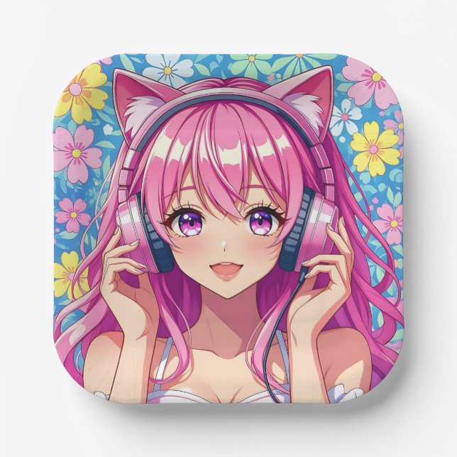 Pretty Pink Anime Girl's Birthday Party Pappteller (Vorderseite)