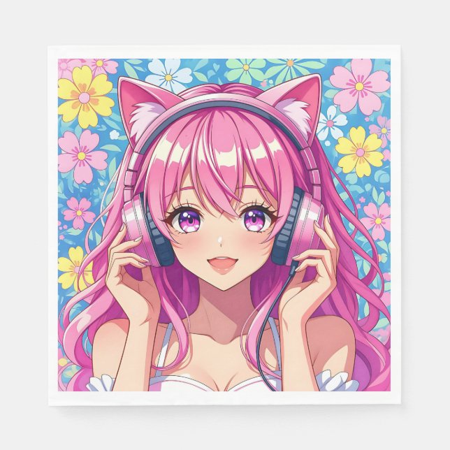 Pretty Pink Anime Girl's Birthday Party Serviette (Vorderseite)