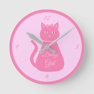 Pretty Pink Baby Girl Cat Custom Nursery Runde Wanduhr