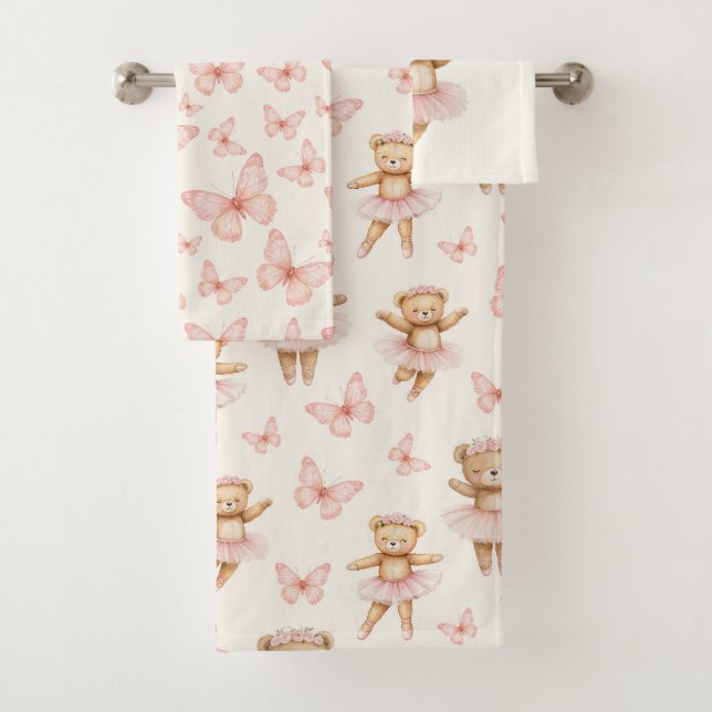 Pretty pink ballerina bear and butterflies badhandtuch set (Insitu)