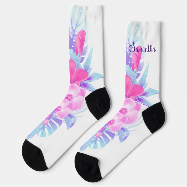 Pretty Pink Blue Purple Floral Tropical Socken (Linkes Detail)