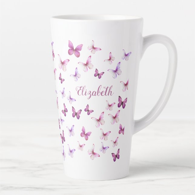 Pretty Pink Butterflies Custom Name Milchtasse (Rechts)