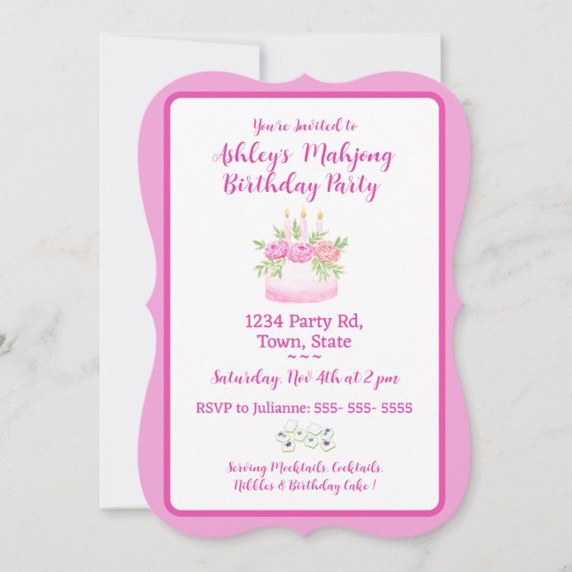 Pretty Pink Cake Mahjong Birthday Party Invitation Einladung (Vorderseite)