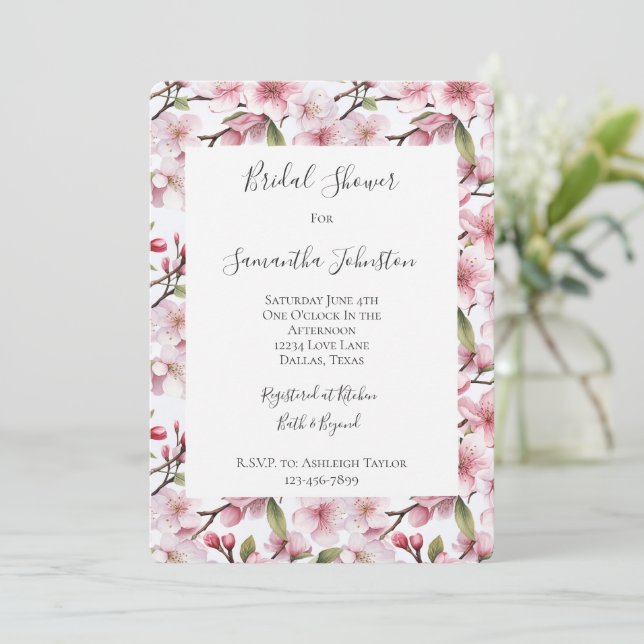 Pretty Pink Cherry Blossom Floral Bridal Shower Einladung (Stehend Vorderseite)