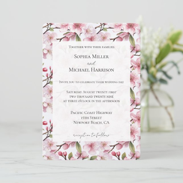 Pretty Pink Cherry Blossom Floral Wedding Einladung (Stehend Vorderseite)