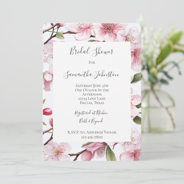 Pretty Pink Cherry Blossom Flowers Bridal Shower Einladung (Stehend Vorderseite)
