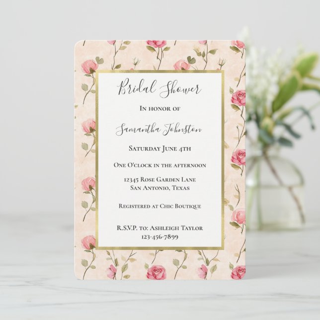 Pretty Pink Cream Roses Floral Bridal Shower Einladung (Stehend Vorderseite)