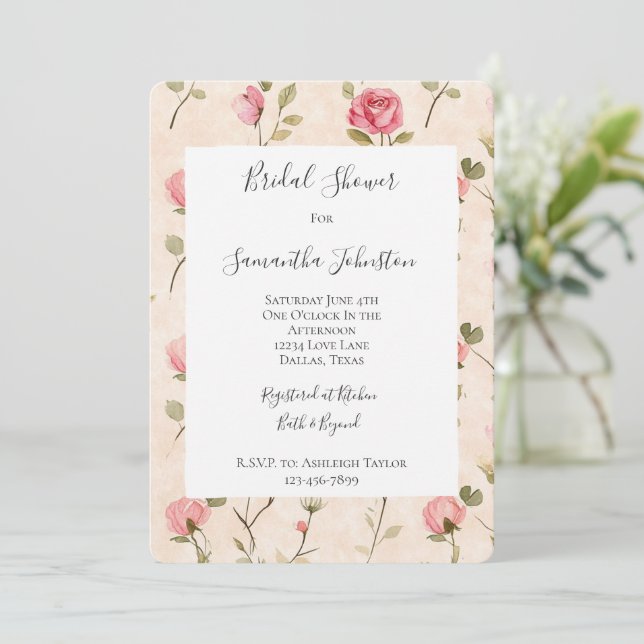 Pretty Pink Cream Roses Floral Bridal Shower Einladung (Stehend Vorderseite)