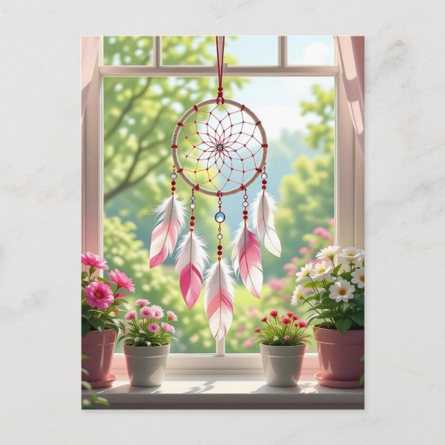 Pretty Pink Dreamcatcher and Plants Window Sill Postkarte (Vorderseite)