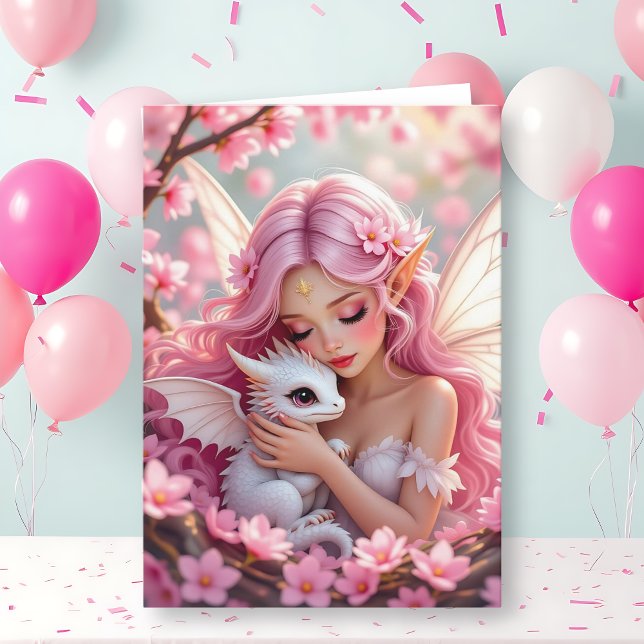 Pretty Pink Elven Fairy & Dragon | Happy Birthday Karte (Von Creator hochgeladen)