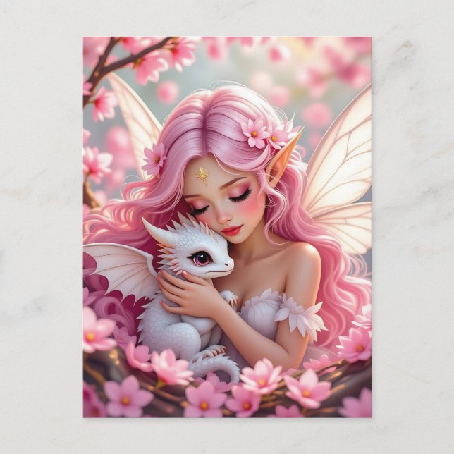 Pretty Pink Elven Fairy & Dragon  Postkarte (Vorderseite)