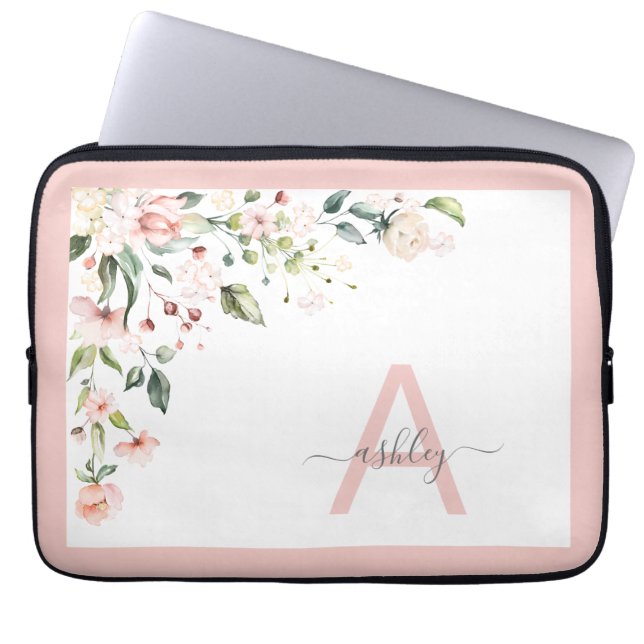 Pretty Pink Floral Script Monogram Initial Name Laptopschutzhülle (Vorderseite)