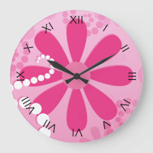 Pretty Pink Flowers Cute Retro Daisy Pattern Große Wanduhr