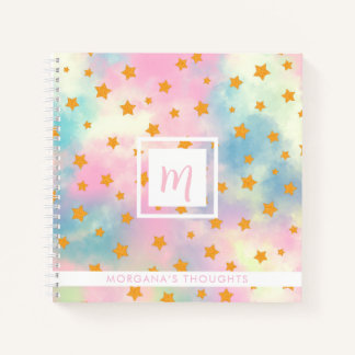 Pretty Pink Pastel with Gold Stars Monogram Square Notizbuch