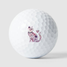 Pretty Pink Purple Hearts Roses Floral Cat Golfball