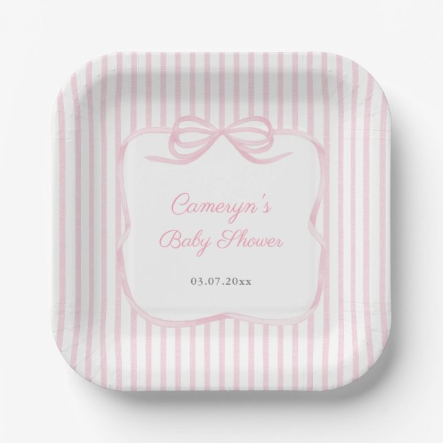 Pretty Pink Ribbon Bow Baby Shower For Girl Party Pappteller (Vorderseite)