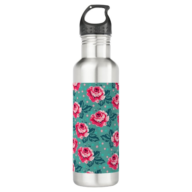 Pretty Pink Roses and Polka Dot Pattern on Teal Edelstahlflasche (Vorderseite)