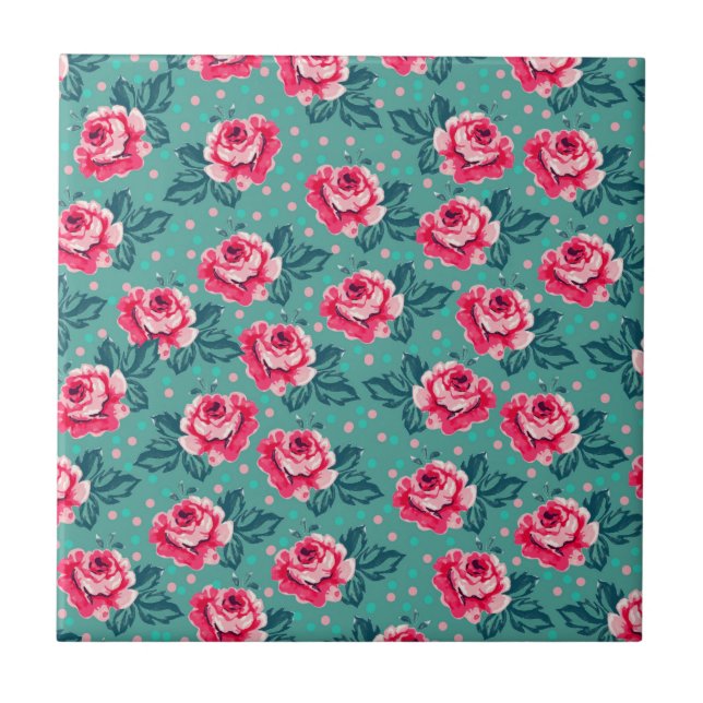 Pretty Pink Roses and Polka Dot Pattern on Teal Fliese (Vorderseite)