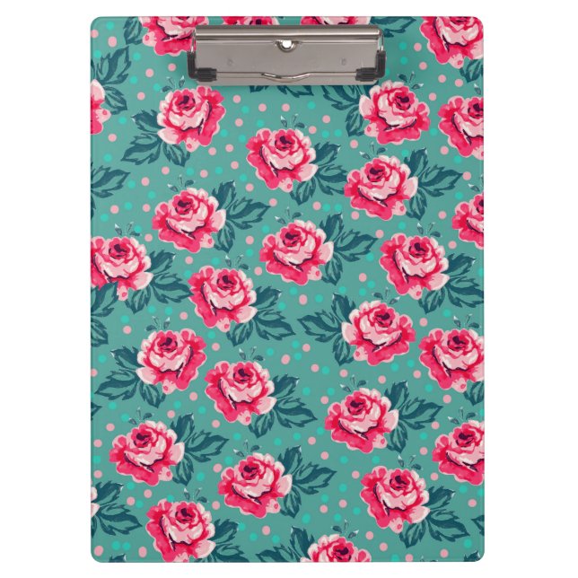 Pretty Pink Roses and Polka Dot Pattern on Teal Klemmbrett (Vorderseite)