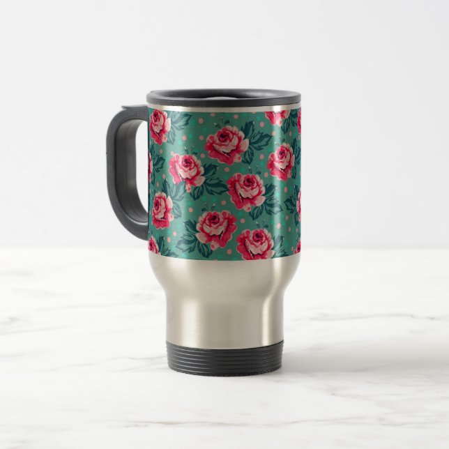 Pretty Pink Roses and Polka Dot Pattern on Teal Reisebecher (Vorderseite Links)