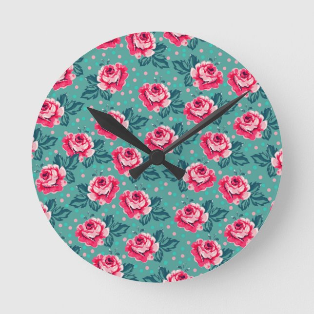 Pretty Pink Roses and Polka Dot Pattern on Teal Runde Wanduhr (Vorderseite)