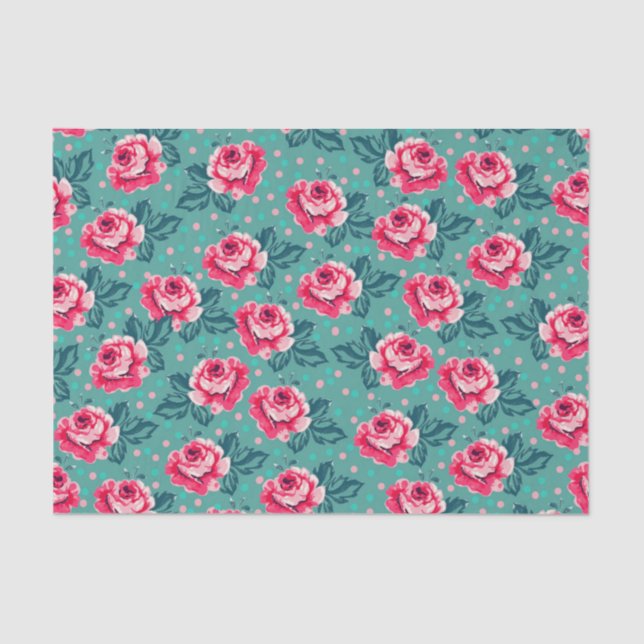 Pretty Pink Roses and Polka Dot Pattern on Teal Seidenpapier (Vorderseite)