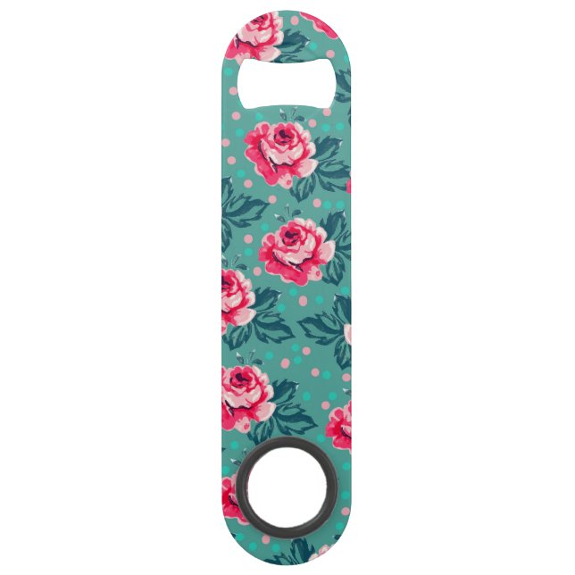 Pretty Pink Roses and Polka Dot Pattern on Teal Speed Flaschenöffner (Vorderseite)