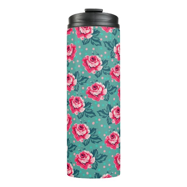Pretty Pink Roses and Polka Dot Pattern on Teal Thermosbecher (Vorderseite)