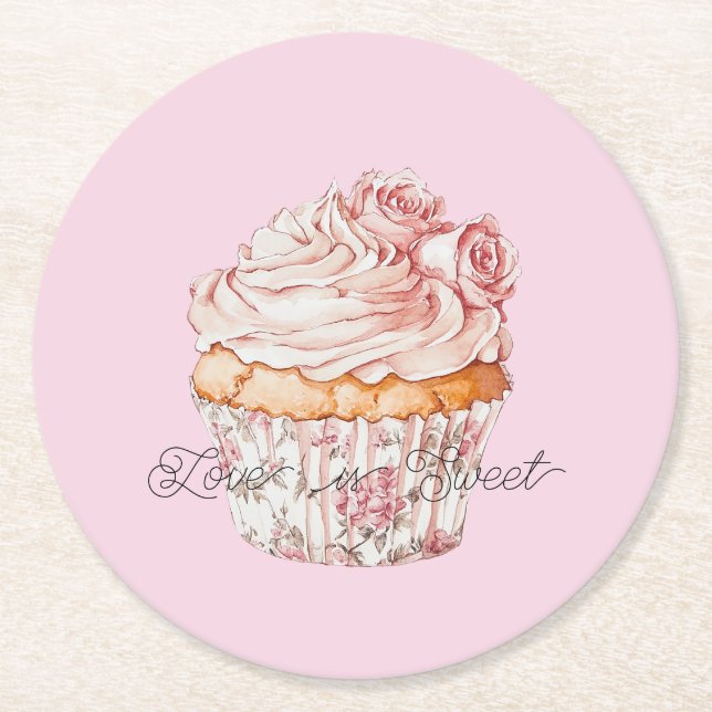 Pretty Pink Roses Floral Cupcake Bridal Shower Runder Pappuntersetzer (Vorderseite)