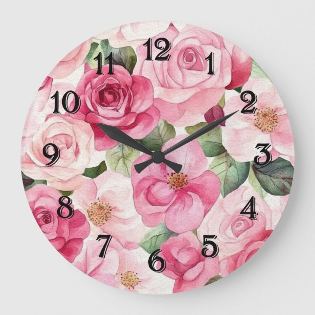 Pretty Pink Roses Floral Große Wanduhr (Vorderseite)
