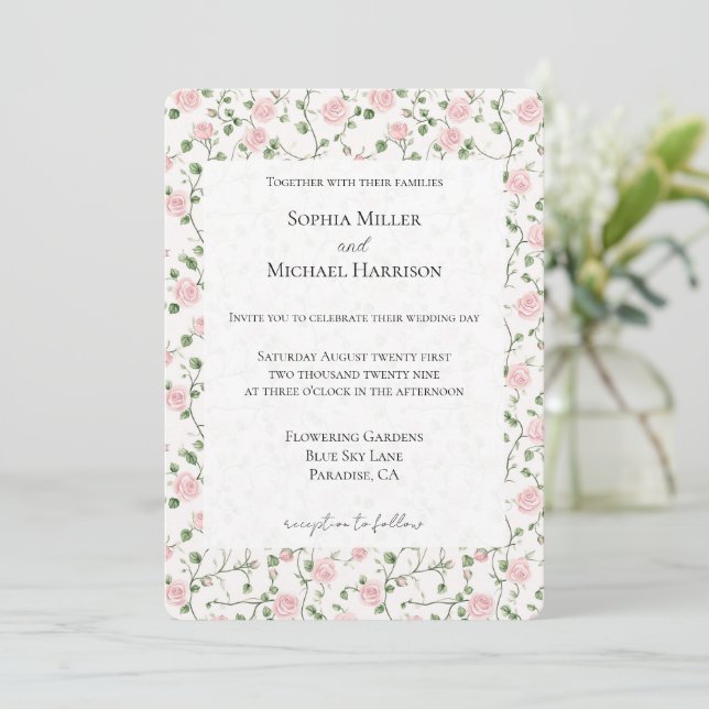 Pretty Pink Roses Floral Wedding Einladung (Stehend Vorderseite)