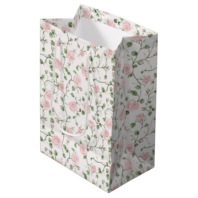 Pretty Pink Roses Floral Wedding Mittlere Geschenktüte (Vorderseite Schrägansicht)