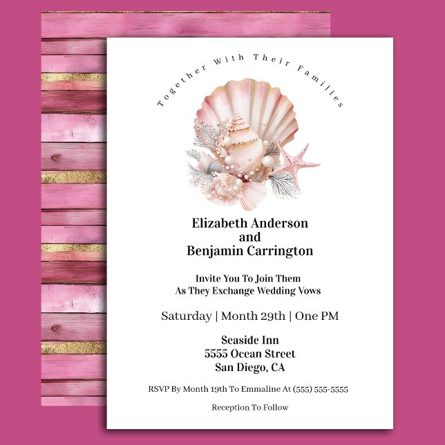 Pretty Pink Seashell and Pearls Wedding Einladung (Von Creator hochgeladen)