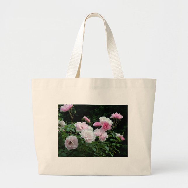 Pretty Pink und White Rose Flower Bushes. Floral, Jumbo Stoffbeutel (Vorne)