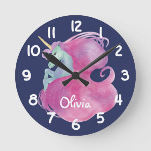 Pretty Pink Unicorn Kids Personalized Runde Wanduhr